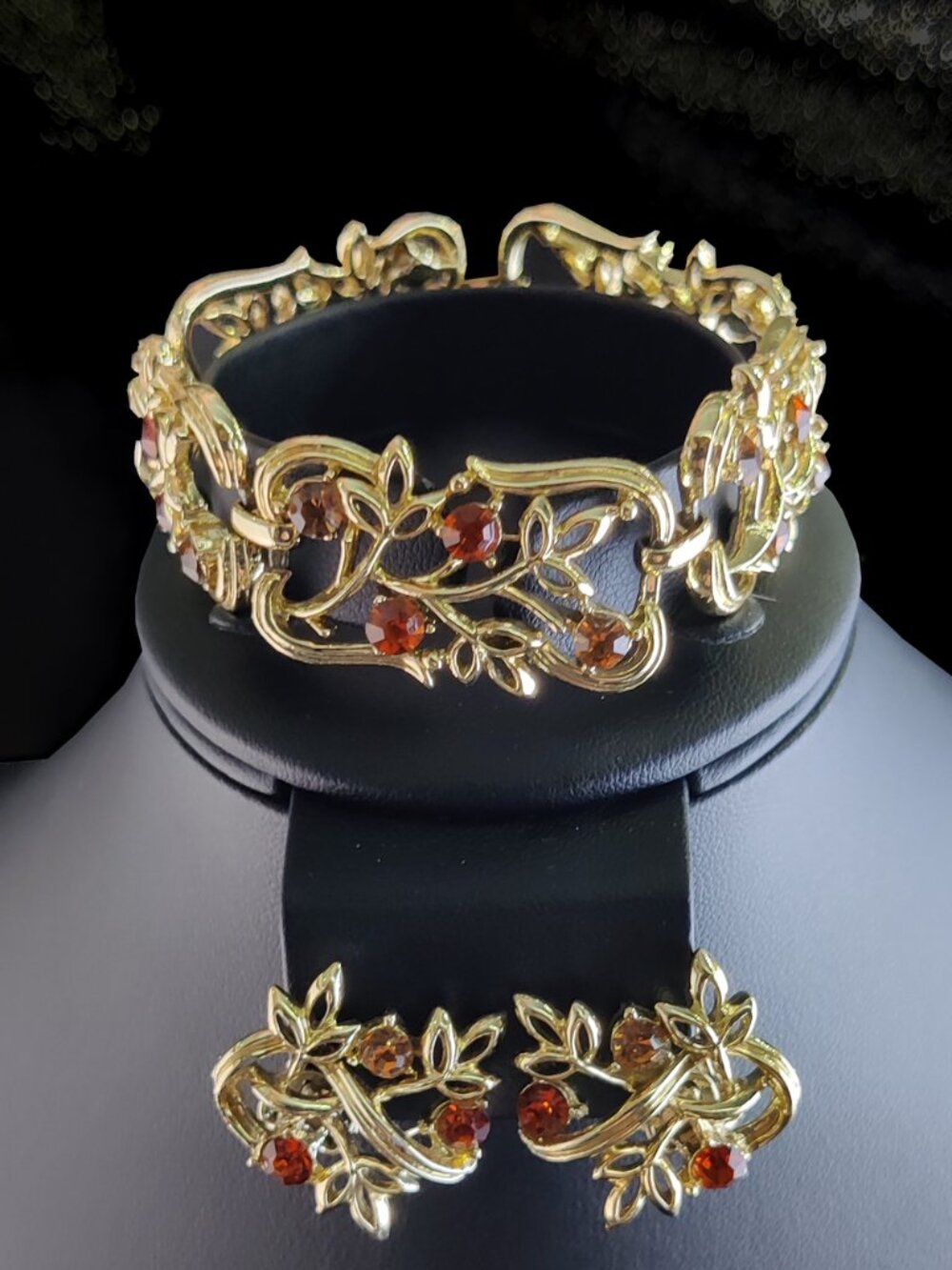Vintage Signed 50s Coro Gold Plated Alloy Bracelet & Earrings Amber Topaz Color - Picture 2 of 10